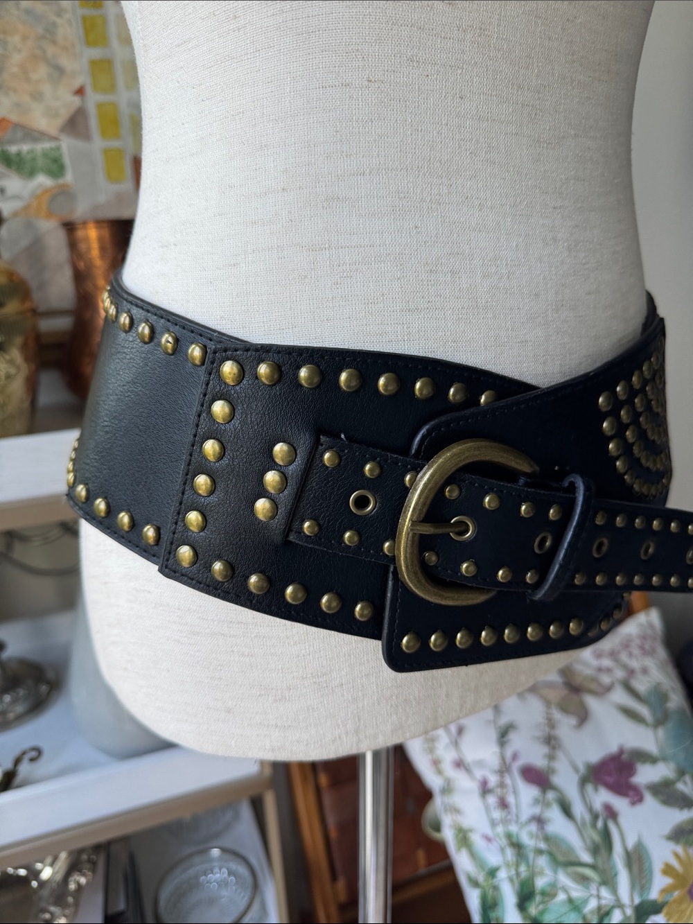Edgy / festival style /Boho chic Studded Wide faux Leather Hip Belt - Black - Picture 6 of 6